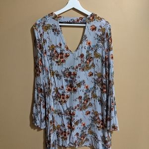 Blue floral crepe bell sleeve dress